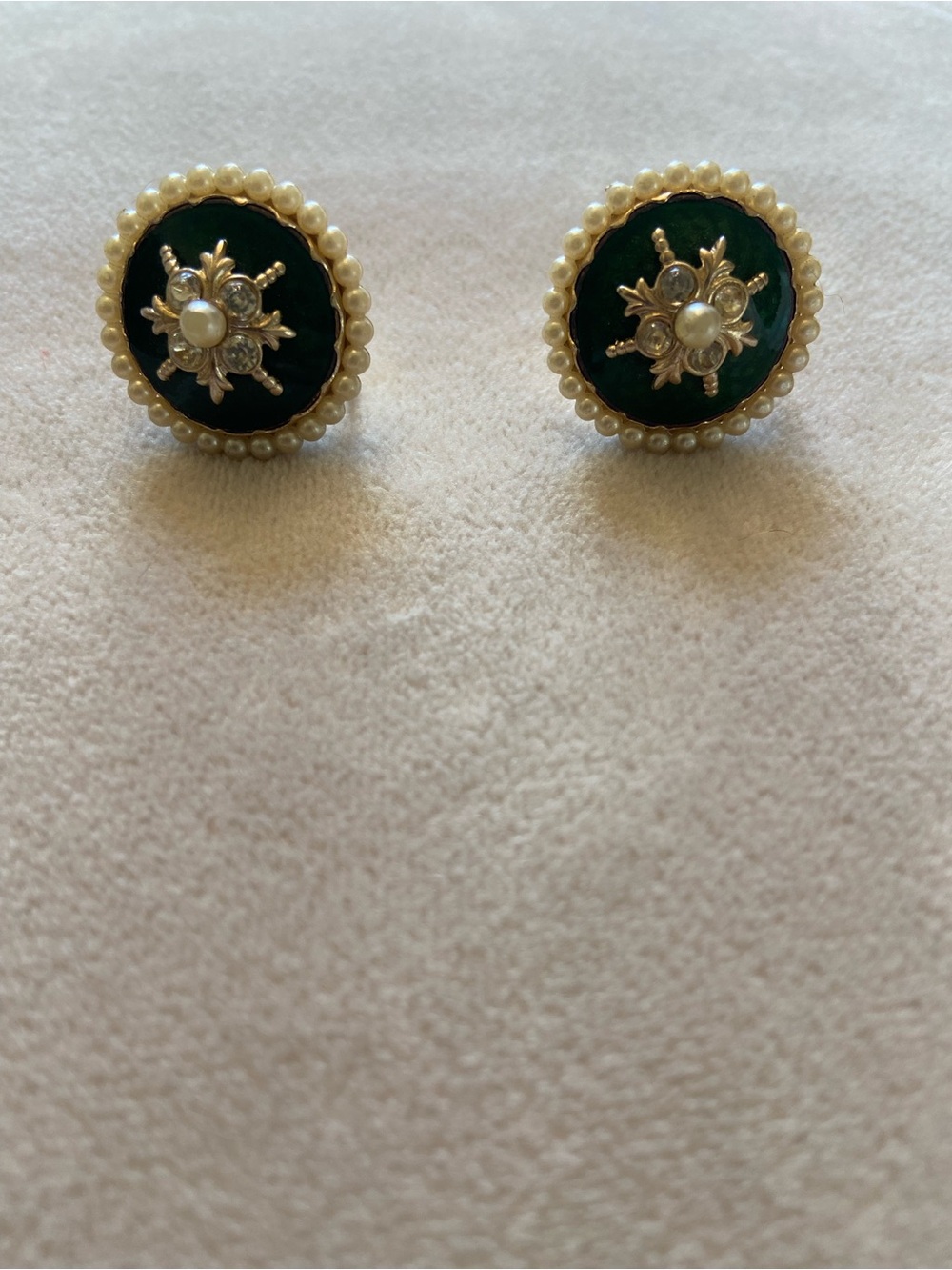 Vintage Coro Gold-Tone Dark Green Enamel Button Earrings with Pearl Trim